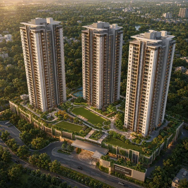 Sumadhura Soukya Road aerial view of the 6-8 acre master plan Sumadhura Soukya Road aerial view of the 6-8 acre master plan